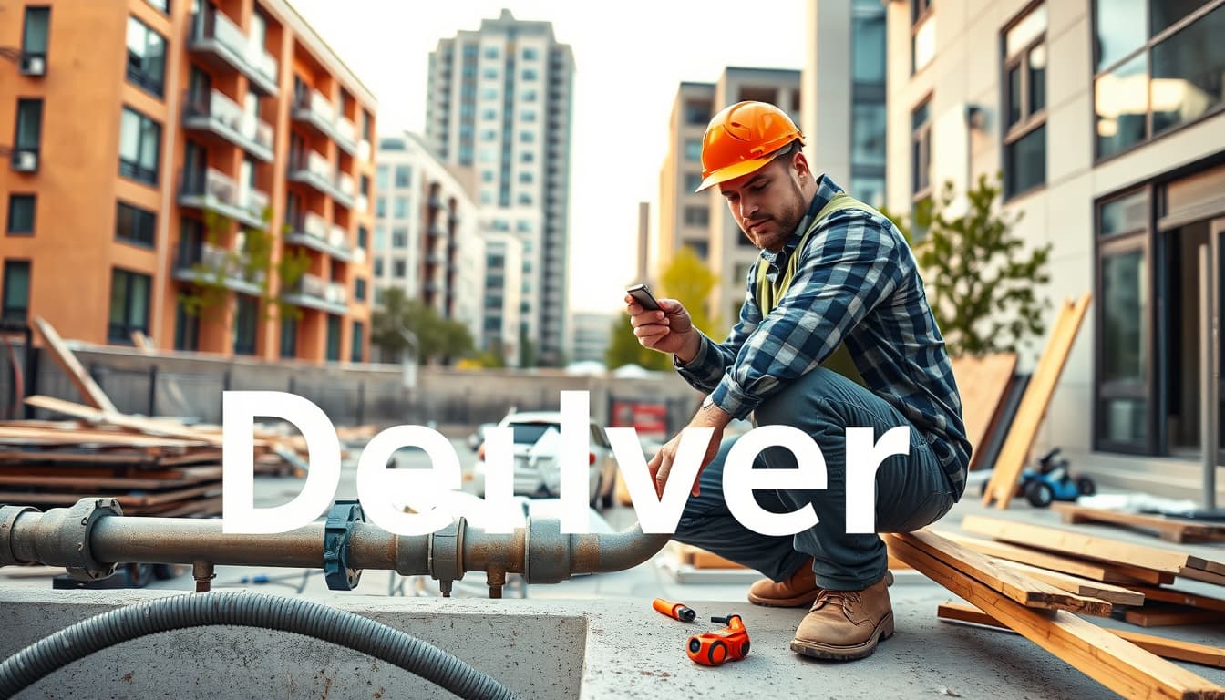 an urban denver plumbing scene featuring a skilled plumber working on a residential pipe system, with modern buildings in the background and construction materials scattered around, highlighting the theme of collaboration and responsibility in home renovations.