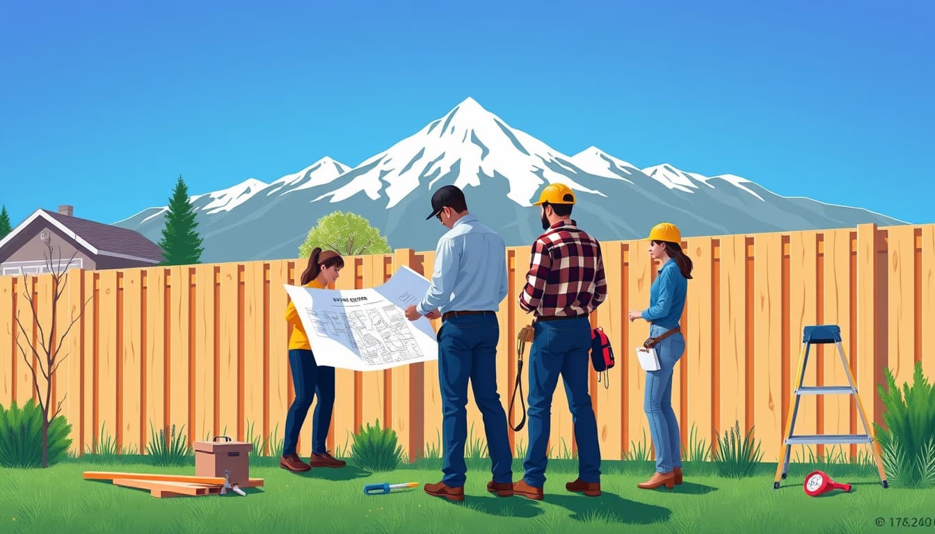 a visually striking illustration of a residential backyard fencing project in denver, featuring a diverse group of professionals measuring and discussing the fence design, surrounded by denver's iconic mountain backdrop and clear blue skies. include elements like building blueprints, tools, and a partially constructed wooden fence to emphasize compliance with local building codes.