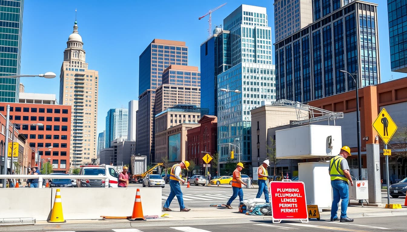 a bustling city scene in denver, showcasing diverse plumbing workers engaged in various projects, such as installing pipes, fixing leaks, and renovating bathrooms, with the backdrop of iconic denver architecture and a clear blue sky. include construction signs indicating the need for permits and safety gear.