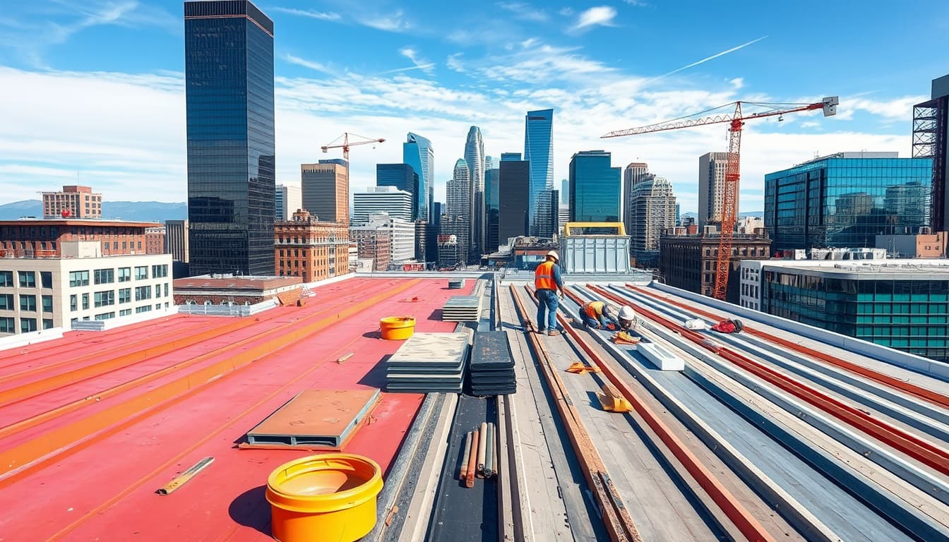 a detailed urban scene showcasing a modern cityscape in denver with construction workers on a roofing project, displaying various types of roofing materials, tools, and safety equipment, set against the backdrop of iconic denver architecture and a clear blue sky.