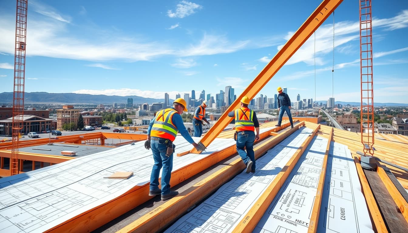 a construction scene in denver featuring a team of workers installing a roof, surrounded by blueprints and local building code specifications visible in the background, with the denver skyline in the distance and a clear sky.