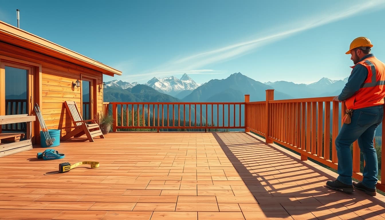 a scenic view of a beautifully constructed wooden deck with mountains in the background, showcasing ideal construction techniques. include elements like a measuring tape, tools, and a construction worker carefully inspecting the deck to emphasize attention to detail and proper building practices.
