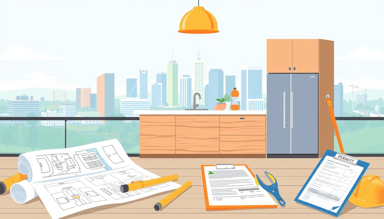 an illustration of a modern kitchen remodel in denver, showcasing architectural plans and construction tools, with a backdrop of the denver skyline. include elements such as a stylish kitchen design, blueprints, and a permit application on a clipboard.