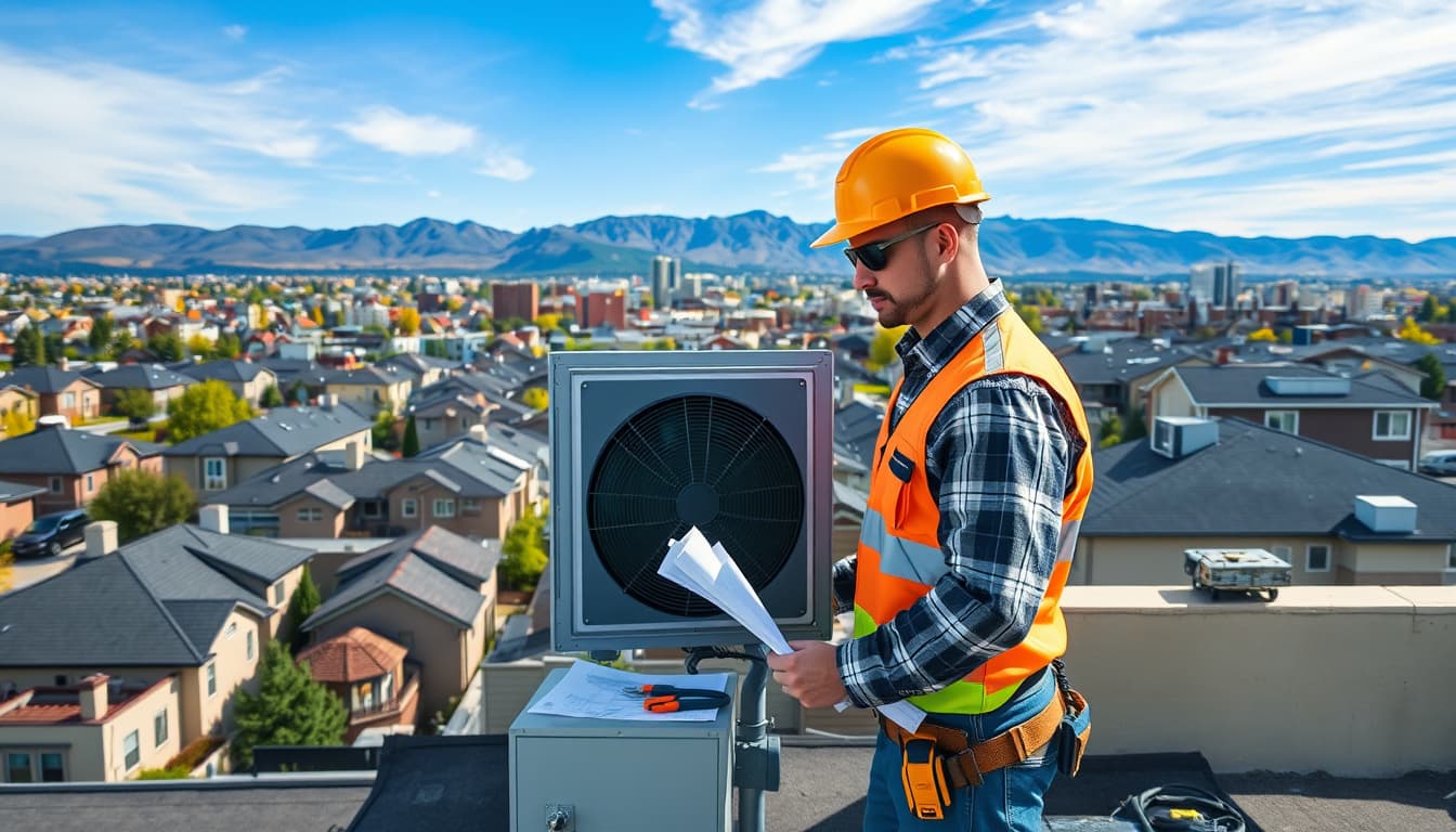 an aerial view of a bustling cityscape in denver, showcasing residential buildings and rooftops with visible hvac systems. the foreground features a construction worker inspecting an hvac unit, surrounded by tools and blueprints, with the rocky mountains in the background under a bright blue sky.