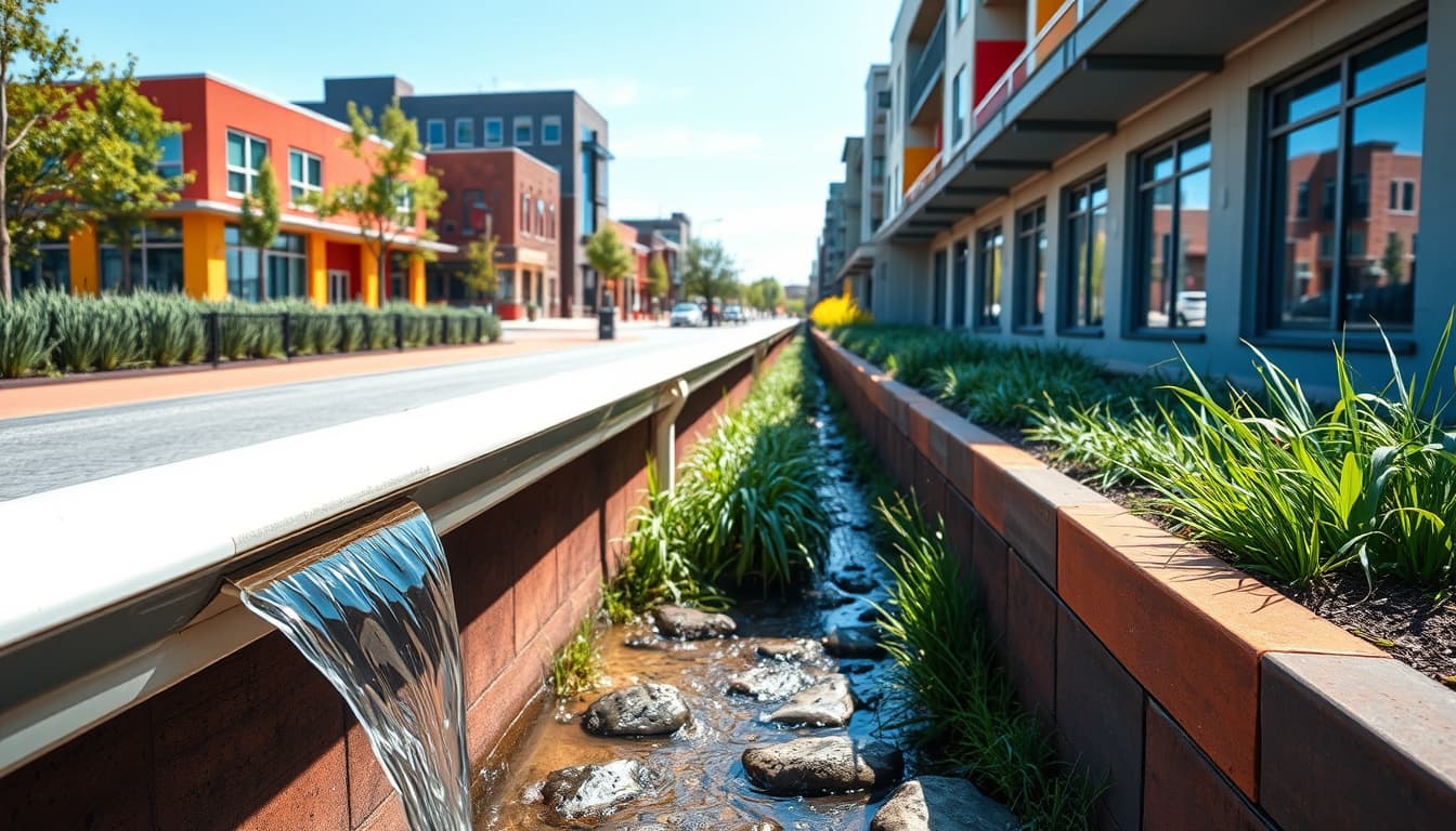 a vibrant urban landscape in denver showcasing well-designed rain gutters and effective water runoff systems, with eco-friendly landscaping features, colorful buildings, and a clear blue sky. include flowing water in the gutter and green vegetation around to emphasize sustainability.
