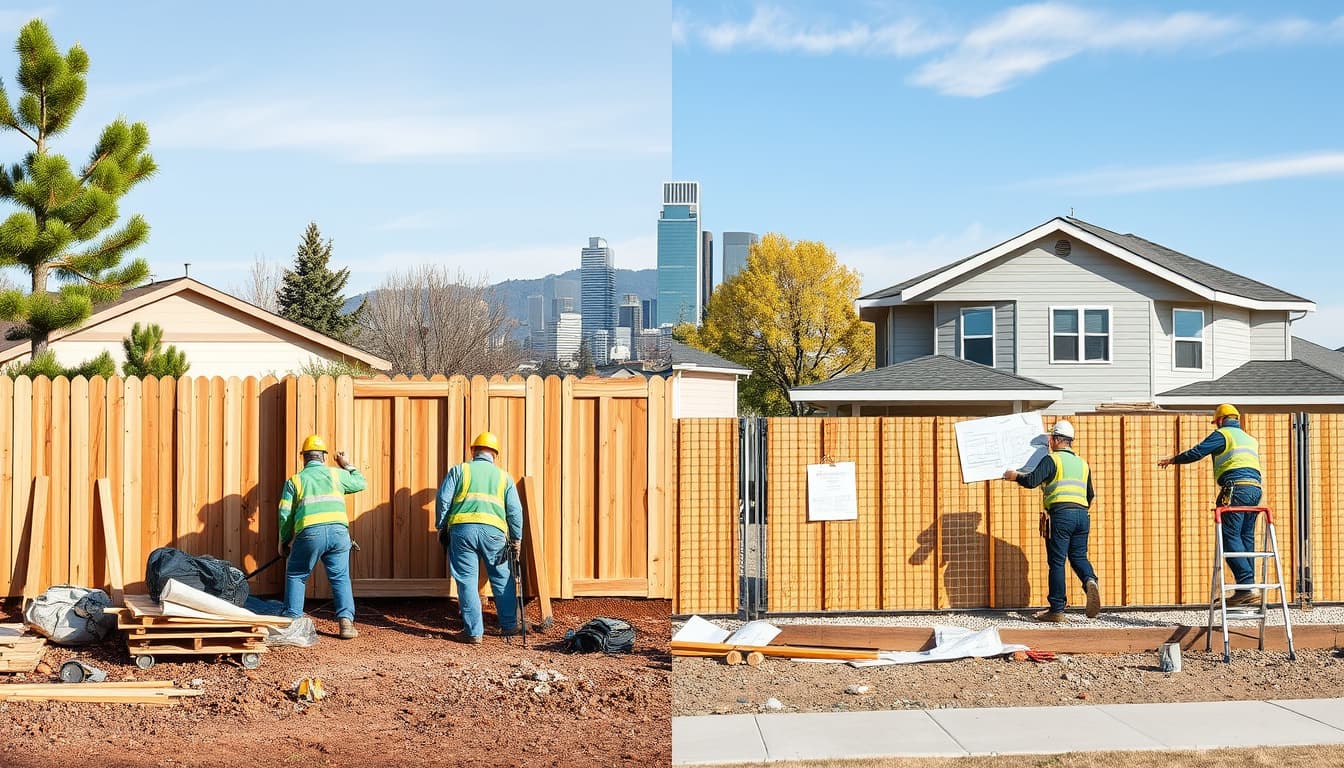 a split scene showcasing two distinct construction environments: on one side, a crew replacing an old wooden fence in a suburban backyard with tools and materials scattered around, and on the other side, a team erecting a brand new modern fence in a newly constructed home area, with blueprints and construction equipment visible. include elements like a vibrant denver skyline in the background and clear distinctions in the stages of construction in each area.