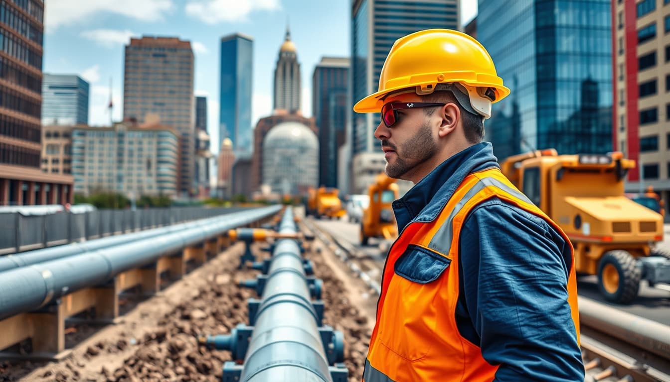 a construction worker in safety gear overseeing the installation of a gas pipeline in an urban denver setting, with iconic denver buildings in the background and machinery in use, highlighting themes of infrastructure, safety, and city development.