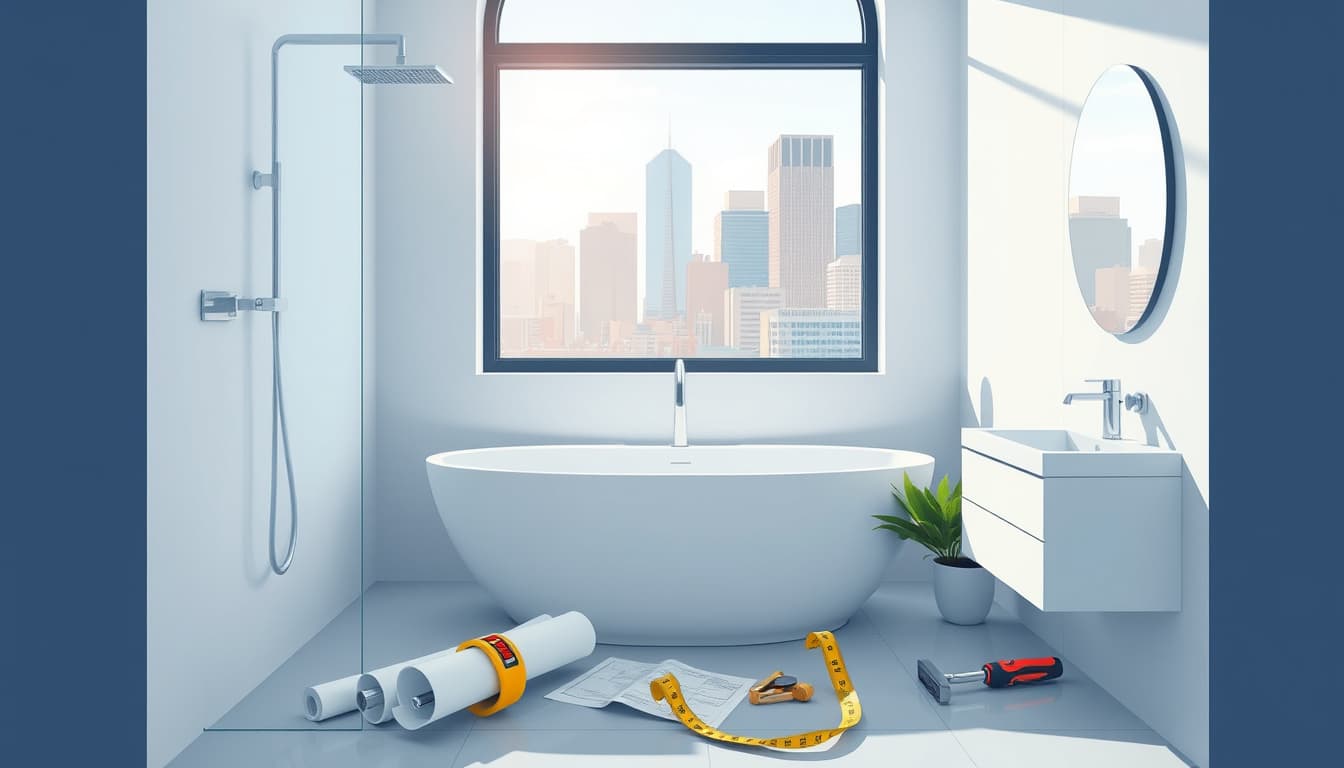 an illustration of a modern bathroom renovation in denver, showcasing a sleek design with contemporary fixtures, natural light streaming in through a window, and construction tools like a blueprint, hammer, and tape measure nearby, set against the backdrop of the denver skyline.