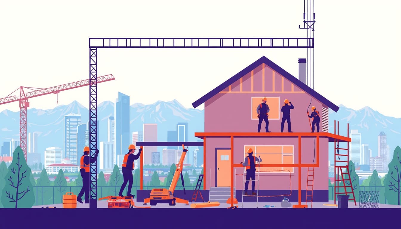 an illustration of a construction site in denver, showcasing workers remodeling a house with visible structural elements like beams and scaffolding, set against a backdrop of the denver skyline with mountains in the distance. include construction tools and safety gear to emphasize a busy, professional environment.