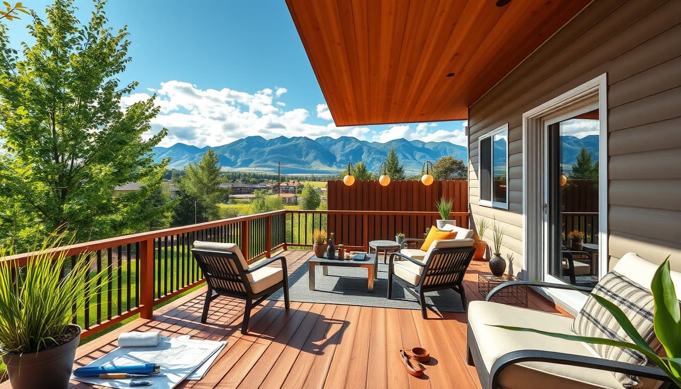 a scenic view of a cozy backyard deck in denver, surrounded by lush greenery and mountains in the background, showcasing a warm atmosphere with outdoor furniture and a subtle hint of construction elements like blueprints and tools nearby.
