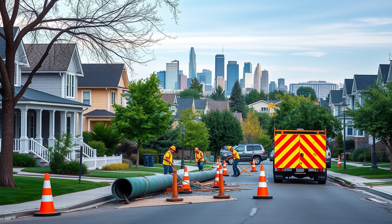 a picturesque neighborhood in denver with charming homes, showing a contractor replacing a sewer line on a residential street. include construction equipment, safety cones, and workers in safety gear, surrounded by trees and denver's skyline in the background.