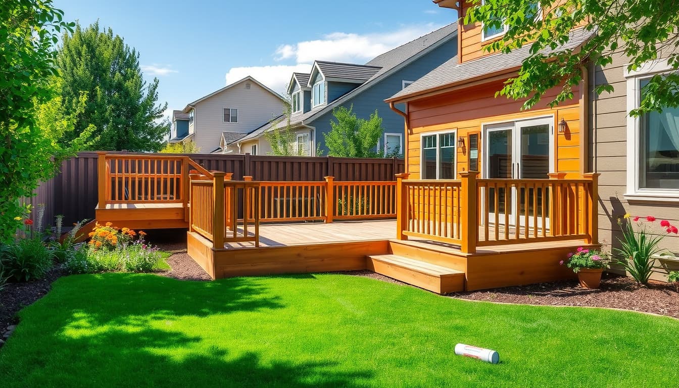 a serene suburban backyard in denver featuring a wooden deck of various sizes, with one deck highlighted prominently to show its design and structure, surrounded by lush green grass, colorful flowers, and a blue sky in the background. the scene conveys a peaceful outdoor living space while subtly hinting at the need for permits by incorporating small, faded visual elements like a blueprint and a construction marker.