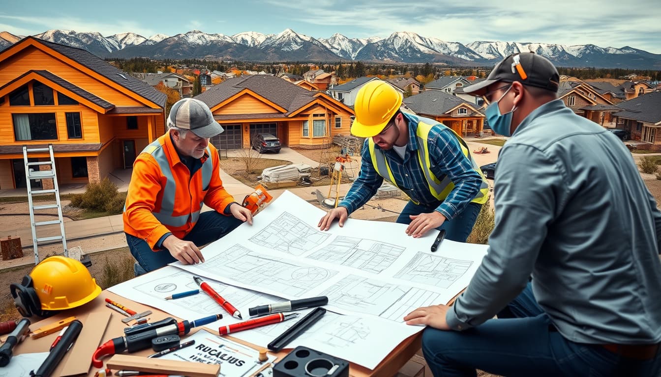 a professional home renovation scene in a modern denver neighborhood, featuring builders consulting over blueprints with tools and equipment scattered around. the backdrop includes picturesque colorado mountains and homes under construction, emphasized by building codes and safety checks being visibly adhered to.