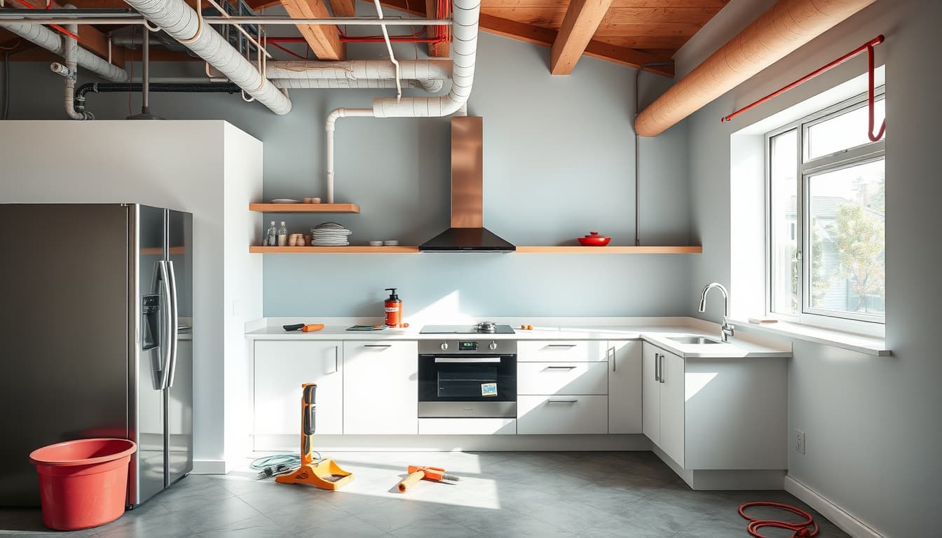 a modern kitchen under renovation, showcasing an open layout with plumbing fixtures and electrical wiring visible. include tools for plumbing and electrical work, vibrant colors, and a sense of transformation and activity.