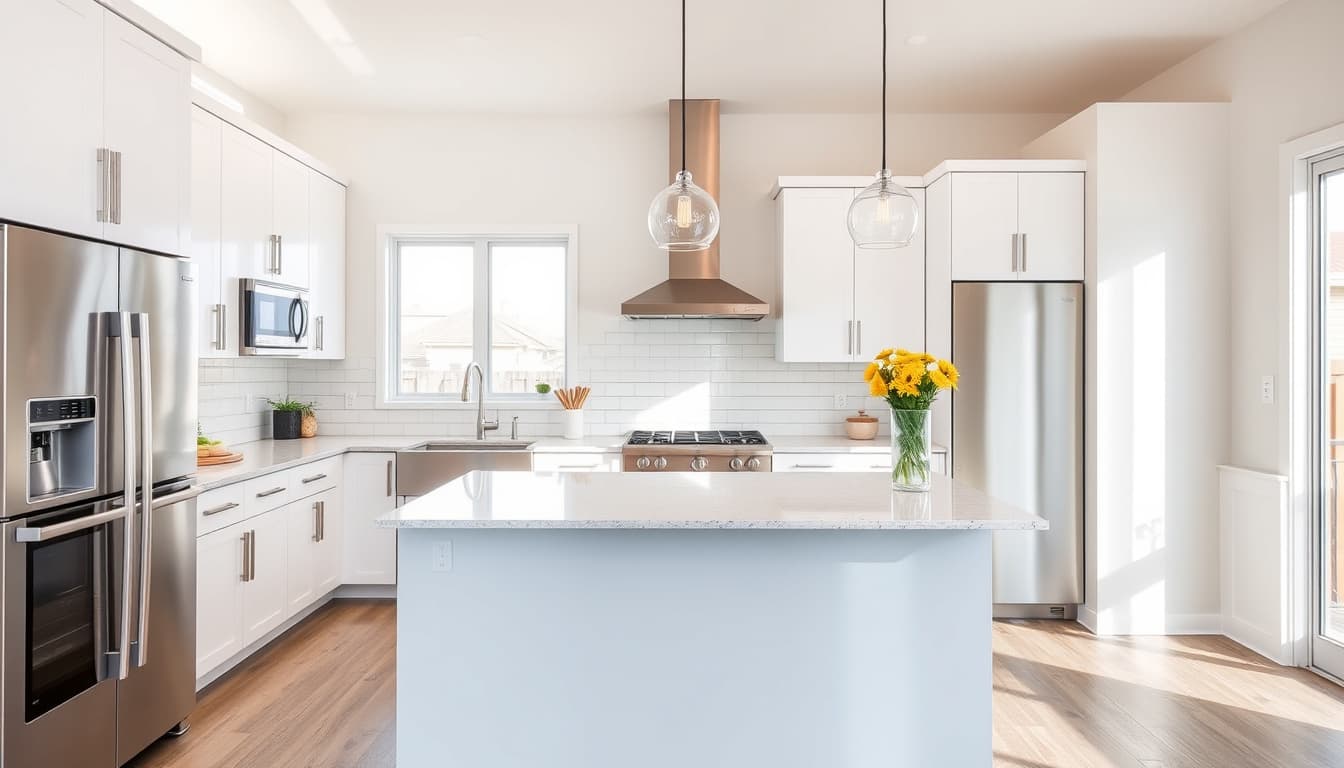 a stylish modern kitchen remodel in a denver home, featuring sleek cabinetry, stainless steel appliances, and bright natural lighting, showcasing elements like a spacious island, tile backsplash, and open layout, with an emphasis on functionality and compliance with safety standards.