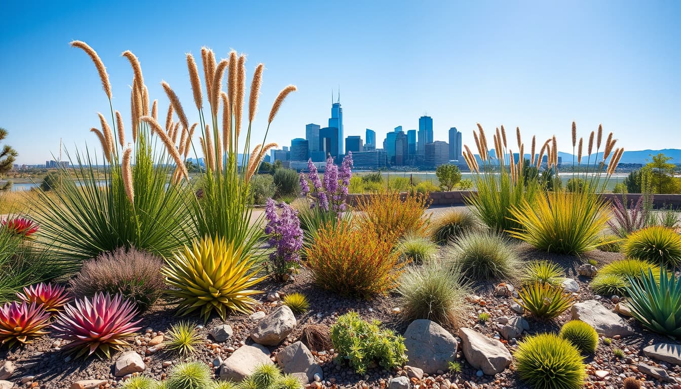 a vibrant xeriscape garden showcasing drought-resistant plants and creative landscaping elements, featuring colorful succulents, native grasses, and decorative stones, all set against a sunny denver skyline in the background.