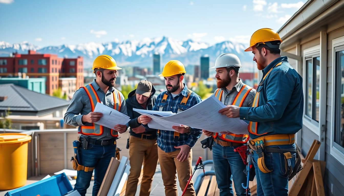 a team of contractors collaborating on an outdoor project in denver, featuring a scenic urban backdrop with the rocky mountains. they are examining blueprints and discussing siding and gutter installations, surrounded by various tools and materials, showcasing a vibrant and productive work environment.