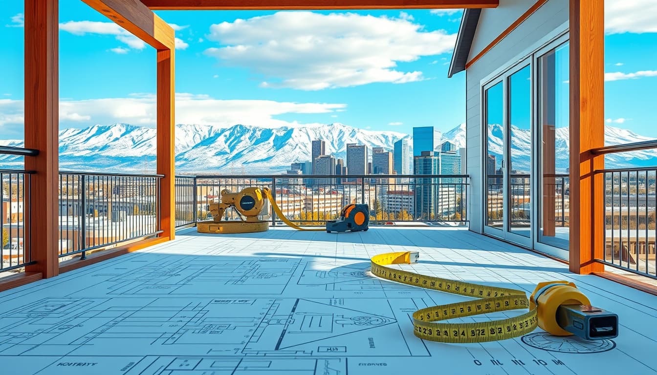 a detailed blueprint scene showcasing a modern deck design, incorporating elements like wooden beams, safety railings, and a backdrop of a vibrant cityscape in denver, with snow-capped mountains in the distance. highlight construction tools and materials that emphasize compliance with building codes, such as measuring tapes and inspection stamps.