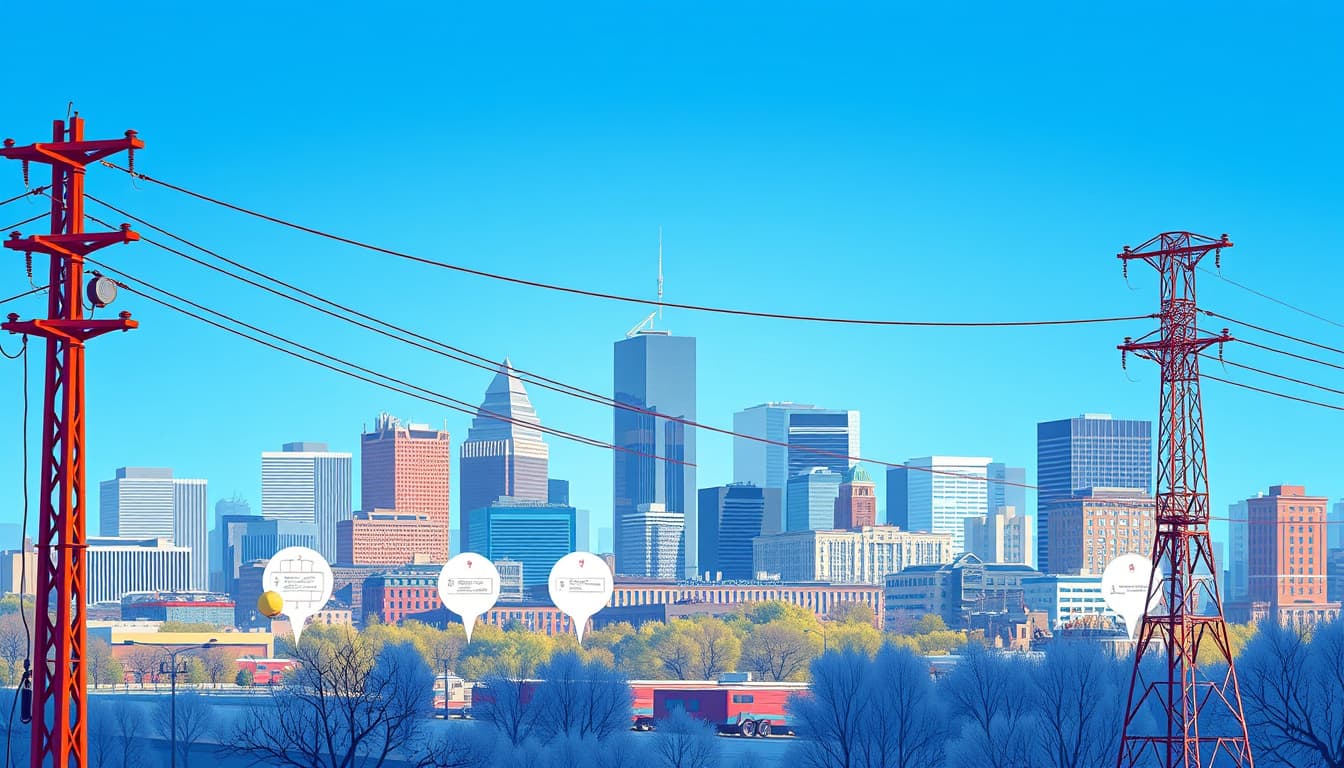 a detailed illustration of a cityscape featuring the skyline of denver, colorado, highlighting various electrical elements like power lines and electrical meters. include a step-by-step visual process of obtaining permits, depicted through symbolic icons and sequences, set against the backdrop of a vibrant blue sky.