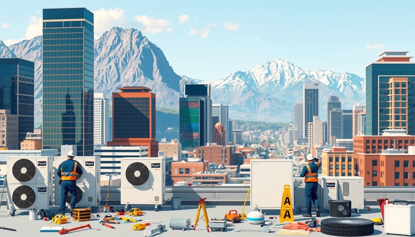a bustling denver cityscape with towering mountains in the background, showcasing a team of hvac technicians performing maintenance work on air conditioning units and heating systems, with tools and equipment scattered around. the scene should capture the essence of professionalism in a vibrant urban environment, emphasizing the importance of maintenance in enhancing comfort.
