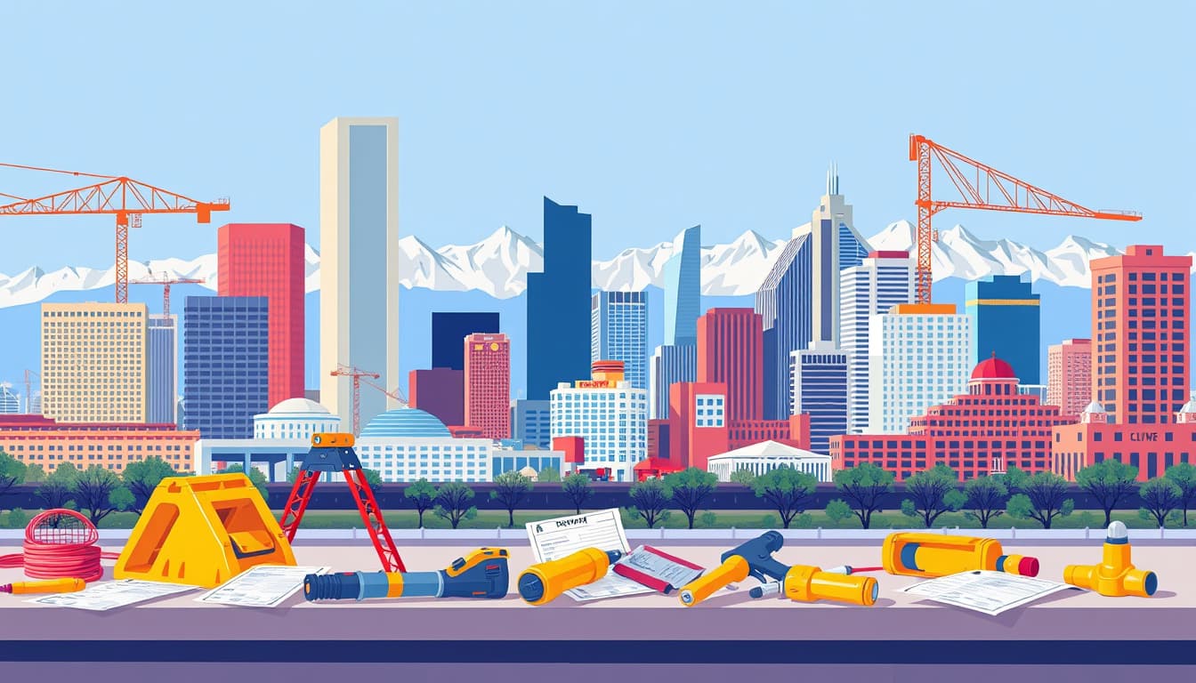 a detailed illustration of the denver skyline featuring construction and electrical work in action, with a variety of electrical tools and permits scattered around, amidst a backdrop of iconic denver landmarks like the rocky mountains and city buildings, all set in a bright and energetic color palette.