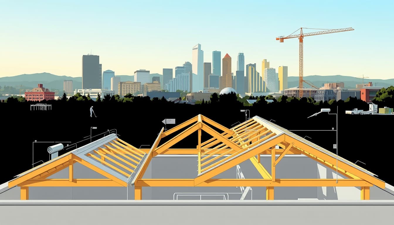 a detailed architectural illustration showcasing various roof designs and modifications set against a backdrop of denver's skyline, emphasizing structural elements like beams and trusses, with regulations and guidelines visually represented through overlays, capturing a blend of urban environment and construction themes.