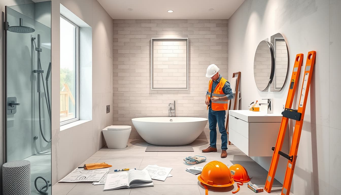 an interior scene of a modern bathroom in the process of renovation, showcasing construction tools, blueprints, and safety equipment, with a builder checking compliance with codes. features like a bathtub, sink, and tiles are partially installed, surrounded by a clean but busy work environment.