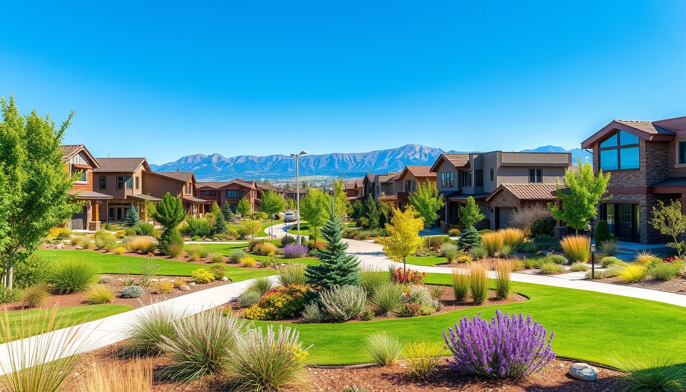 a picturesque denver landscape featuring modern homes with vibrant gardens, emphasizing natural greenery and unique architectural designs, framed by the rocky mountains under a clear blue sky. showcase different setbacks and landscaping styles in a harmonious residential area.