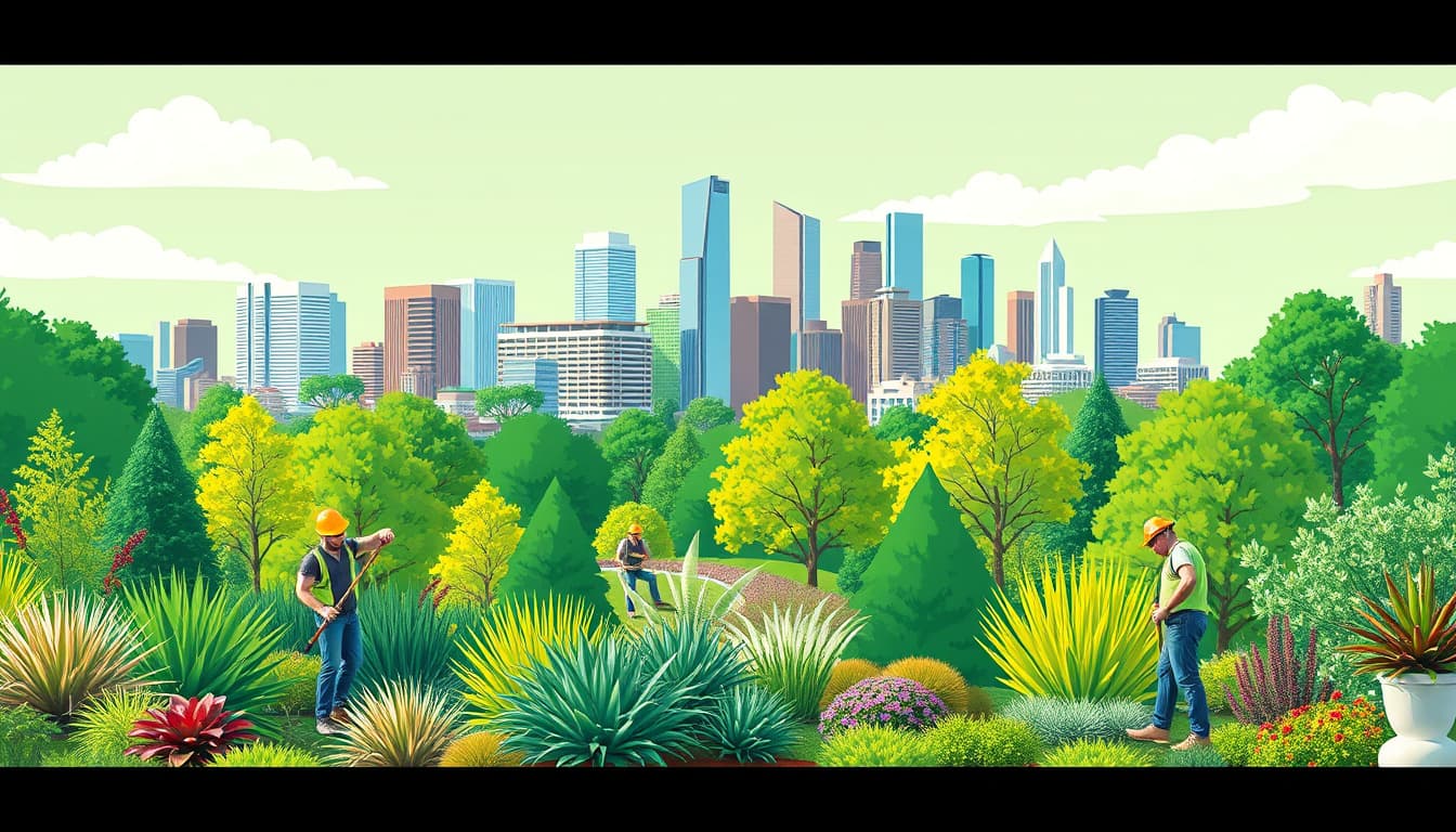 a bustling denver cityscape with lush green landscapes, showcasing professional landscapers at work. include elements like skyscrapers in the background, diverse plants and trees in the foreground, and workers using landscaping tools in a vibrant urban setting.