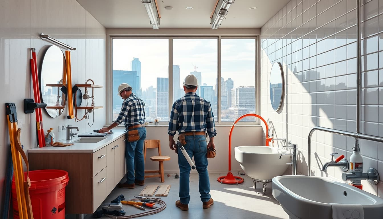 a busy construction site in denver showcasing modern plumbing work in a kitchen and bathroom setting. include tools, pipes, and construction workers collaborating, with a background of denver's skyline.