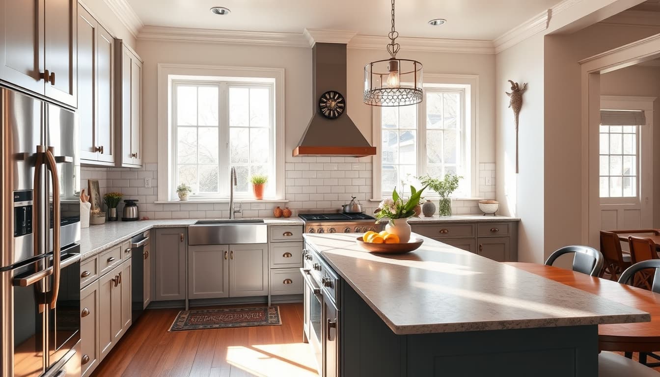 a beautifully renovated kitchen in a historic denver home, showcasing modern appliances integrated with classic architectural details. the scene features vintage-style cabinetry, a spacious layout with natural light pouring in through large windows, and decorative elements that highlight the home's heritage.