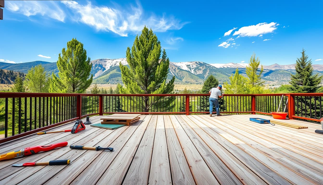 a scenic view of a backyard deck replacement in denver, showcasing a vibrant mountain backdrop. the scene includes construction tools, new wooden planks, and workers actively building, with lush green trees and blue skies surrounding them.