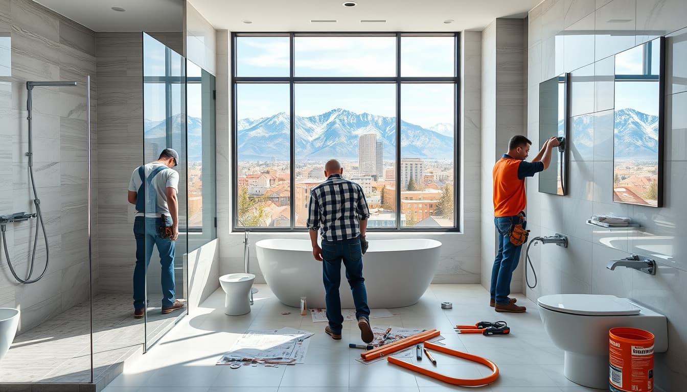 a modern bathroom under construction, featuring workers installing fixtures and tiles, with blueprints and tools laid out. the setting is in a denver home, showcasing views of the iconic rocky mountains through a window, emphasizing a blend of city and nature.