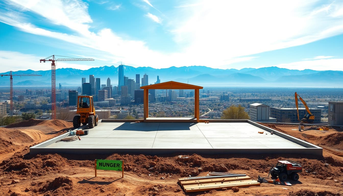 a construction site featuring a newly installed concrete pad, ready for a small shed. the background showcases a vibrant denver skyline, with clear blue skies and distant mountains, alongside tools and equipment laid out for the building process.