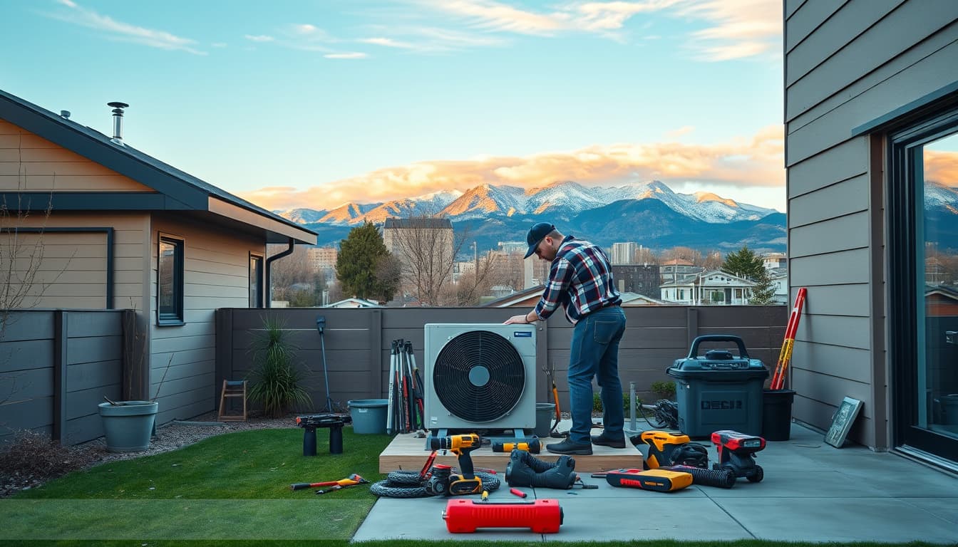a serene view of a modern denver home with a diy enthusiast working on an hvac unit outside, surrounded by tools and parts, with the denver skyline in the background and mountains visible, capturing a sense of home improvement and urban living.