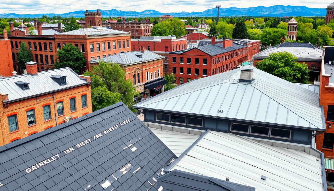 a picturesque rooftop scene in a historic district of denver, showcasing a variety of architectural styles with traditional roofing materials. the backdrop features charming brick buildings, tree-lined streets, and mountains in the distance, capturing the essence of urban preservation amidst natural beauty.