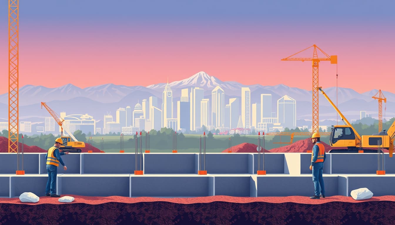 a detailed illustration showcasing a construction site in denver with concrete foundations being poured. include workers in hard hats, construction machinery, and a scenic backdrop of the denver skyline with the rocky mountains in the distance, emphasizing the building and regulatory aspects of construction.