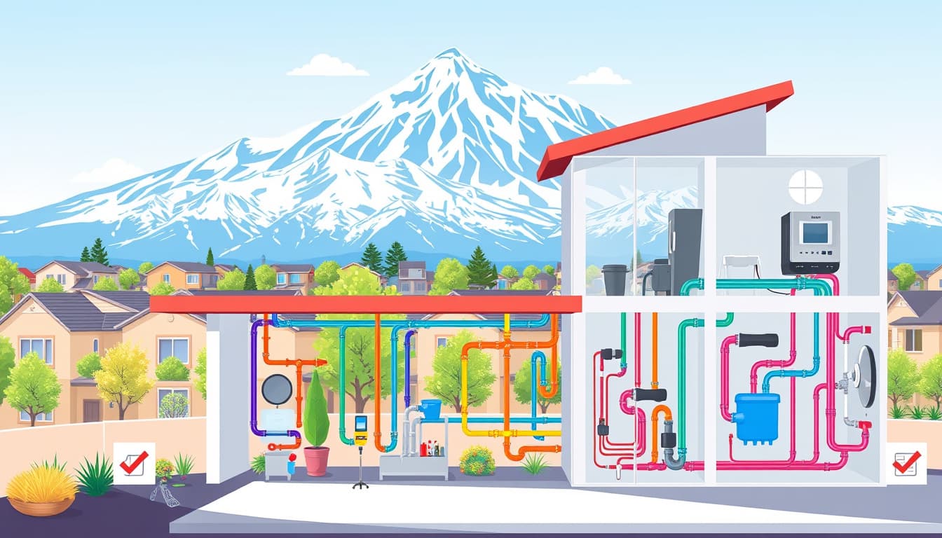 an architectural illustration of a modern home in denver, featuring clear plumbing layouts and colorful pipes visible through walls, with a backdrop of the rocky mountains. include visual elements representing codes and compliance, such as checkmarks and inspection tools, set in a vibrant neighborhood.