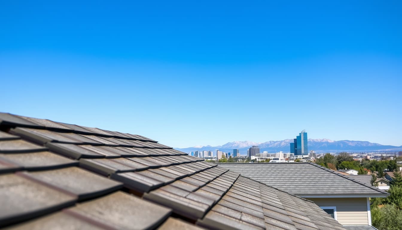 a close-up view of a residential roof in denver, showcasing a variety of roof repair techniques. the backdrop features the denver skyline with mountains in the distance, under a bright blue sky, emphasizing the importance of building safety and maintenance.