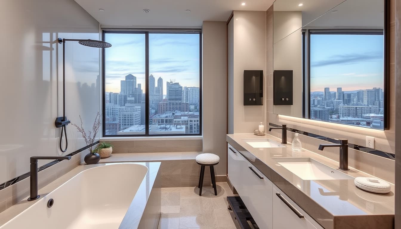 a modern bathroom remodel in a stylish denver home, featuring sleek fixtures, elegant tiles, and contemporary design elements, set against a backdrop of urban cityscape. include a sense of warmth and creativity in the design, highlighting the blend of functionality and aesthetics.