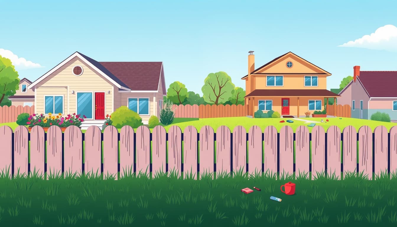 an illustration depicting a split fence in a suburban denver neighborhood, showing two houses on either side. one side with well-kept flowers and a garden, while the other side has overgrown grass and scattered items, emphasizing themes of community and shared responsibilities with a blue sky in the background.
