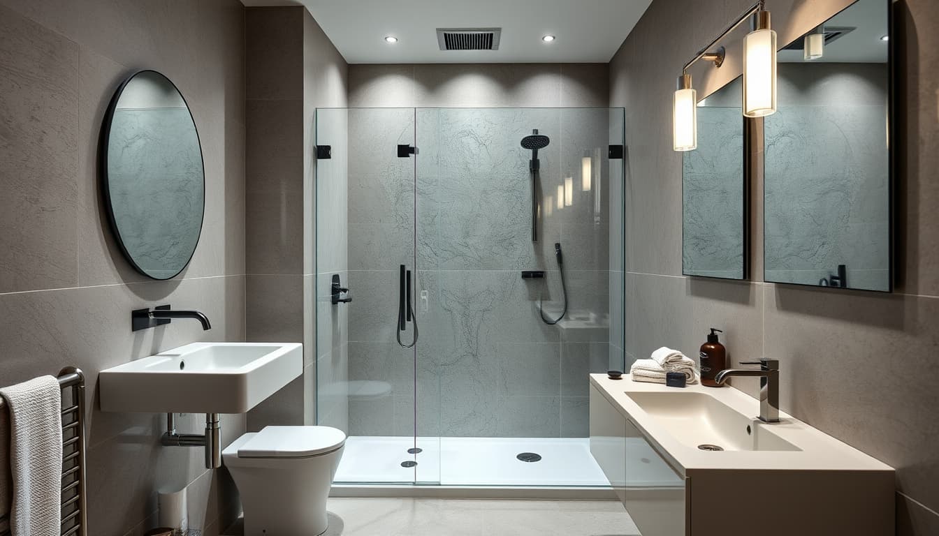 a modern bathroom interior featuring high-quality fixtures and finishes, showcasing a stylish remodel with a walk-in shower, contemporary sink, and elegant lighting. the scene conveys a sense of urban sophistication and attention to detail, embodying the essence of a well-planned renovation project.