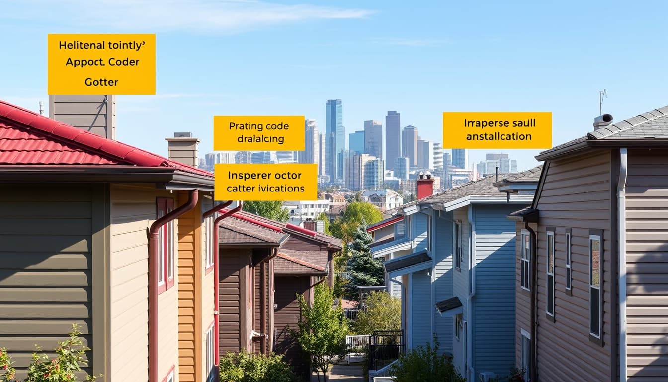a detailed urban scene in denver showcasing residential buildings with various siding materials and gutter systems, highlighting common architectural code violations like improper installation and drainage issues, all set against the backdrop of the denver skyline.