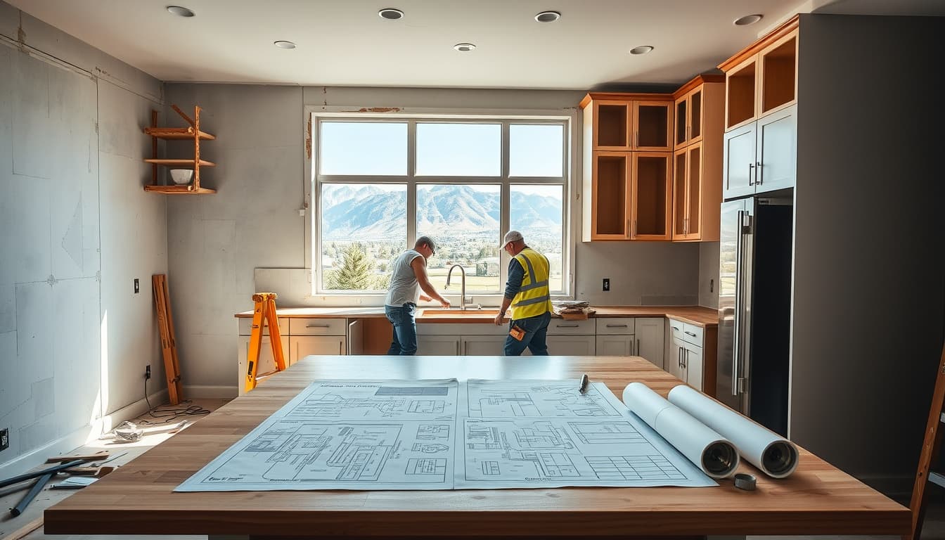 a construction scene showcasing a denver kitchen being renovated, featuring workers measuring and installing cabinets, with a half-demolished kitchen backdrop, blueprints on a table, and a beautiful mountain view through a window, capturing the essence of home improvement and urban development.