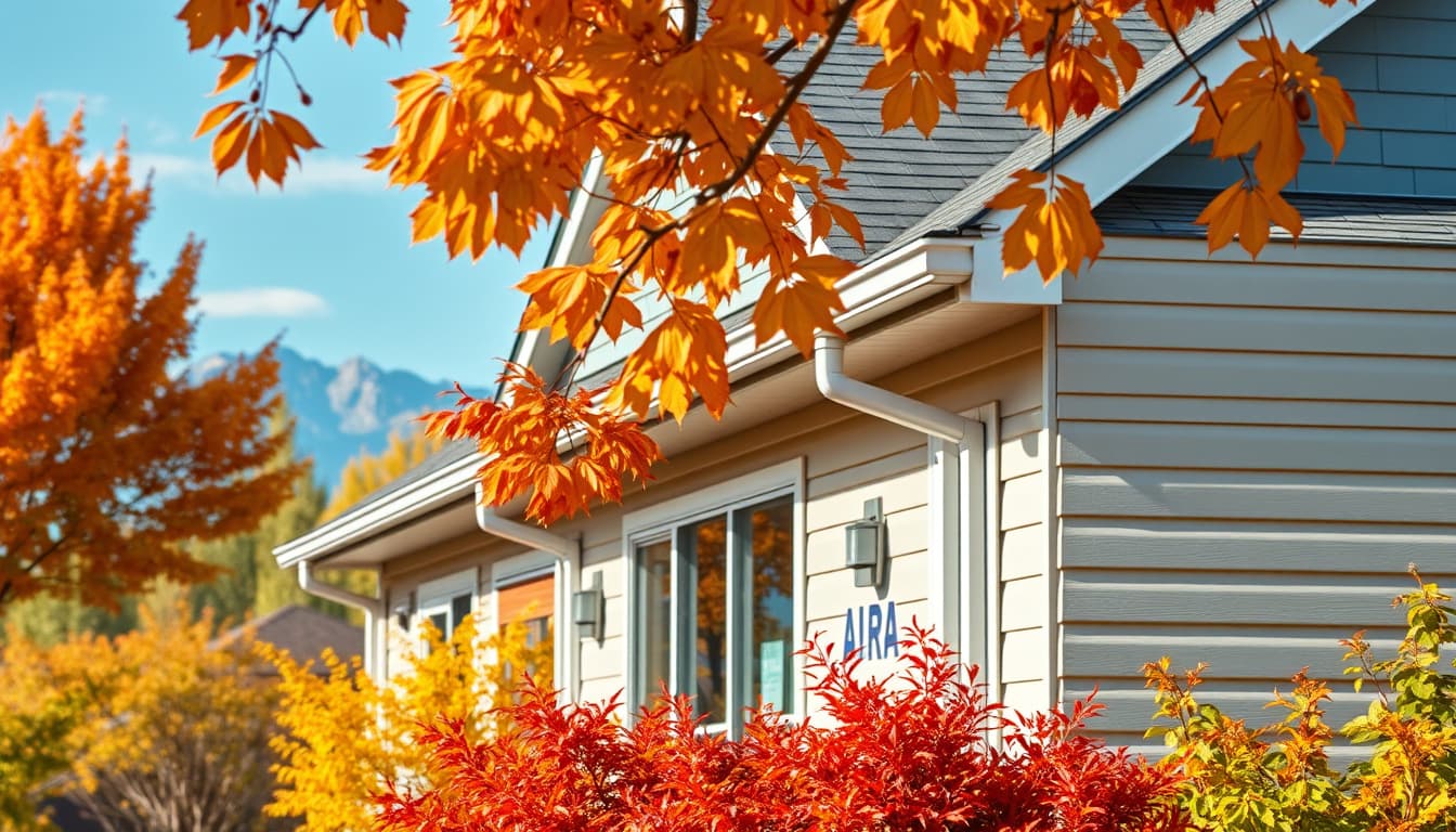 a scenic view of a home in denver with vibrant autumn foliage, showcasing freshly installed siding and gutters, with a subtle backdrop of the rocky mountains. include visual elements that hint at the consequences of neglecting permits, like a worried homeowner looking at a construction inspector, a checklist in hand, and hints of red tape. capture the essence of home renovation amidst a beautiful colorado landscape.