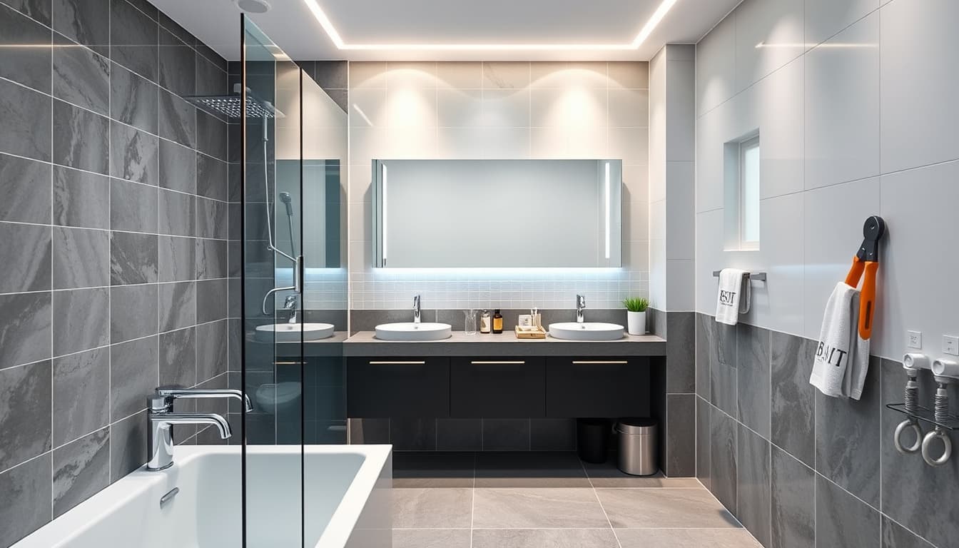 an aesthetically pleasing modern bathroom showcasing sleek fixtures, stylish tiles, and elegant lighting. the scene conveys a sense of renovation and transformation, with tools and blueprints subtly included in the background, emphasizing compliance and design.