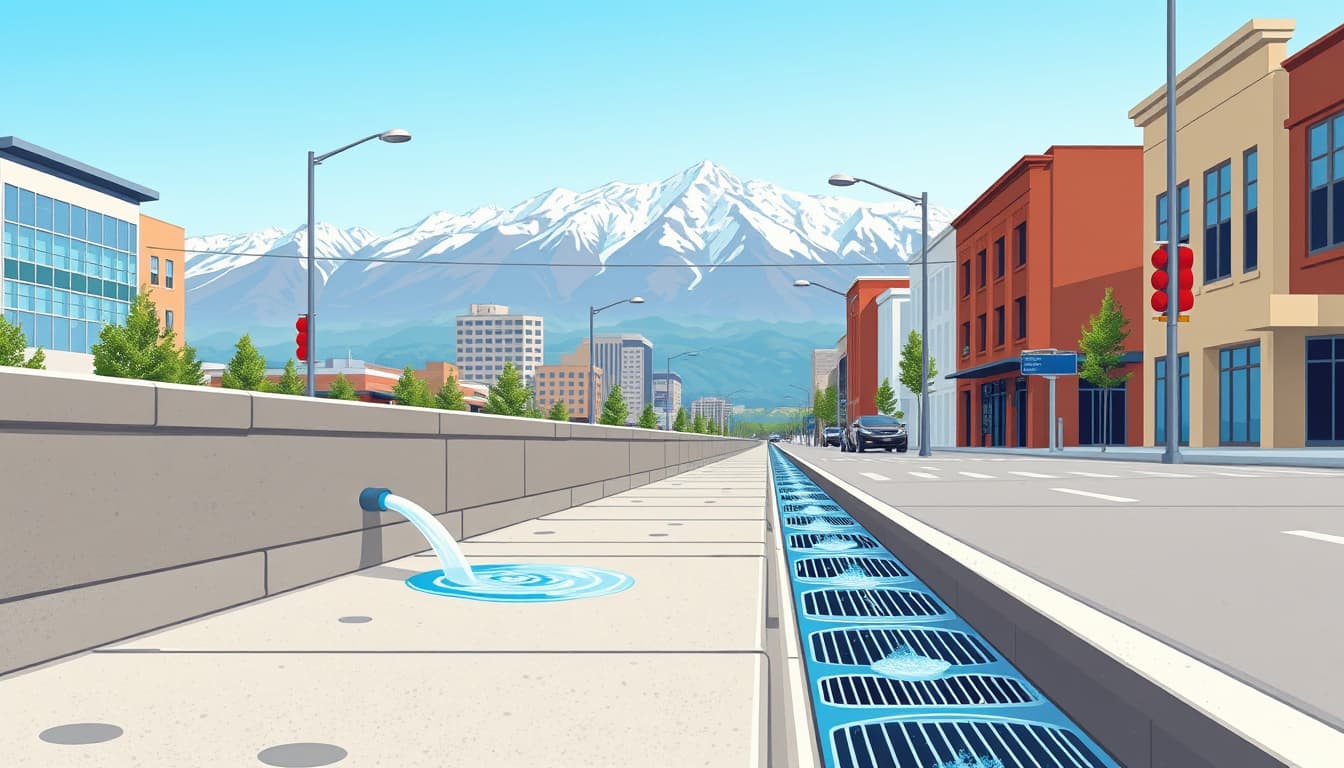 a detailed illustration of a city street in denver featuring a well-designed gutter drainage system, with clear pipes, drainage grates, and water flowing efficiently into the curb. the setting should highlight urban architecture with mountains in the background, under a clear blue sky, emphasizing functionality and compliance with regulations.