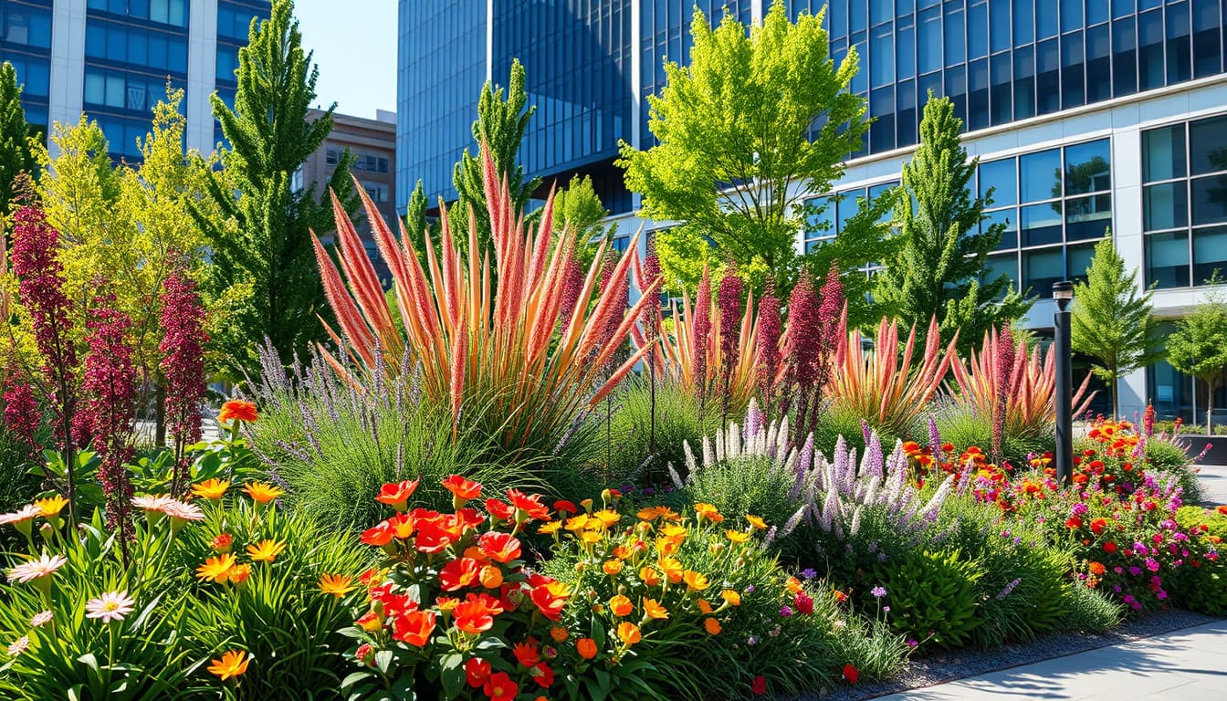 a vibrant denver landscape showcasing a variety of lush plants of varying heights, embedded in a modern urban environment, with clear visibility across the scene. bright flowers, tall trees, and shrubs are harmoniously arranged to highlight the theme of landscaping diversity.