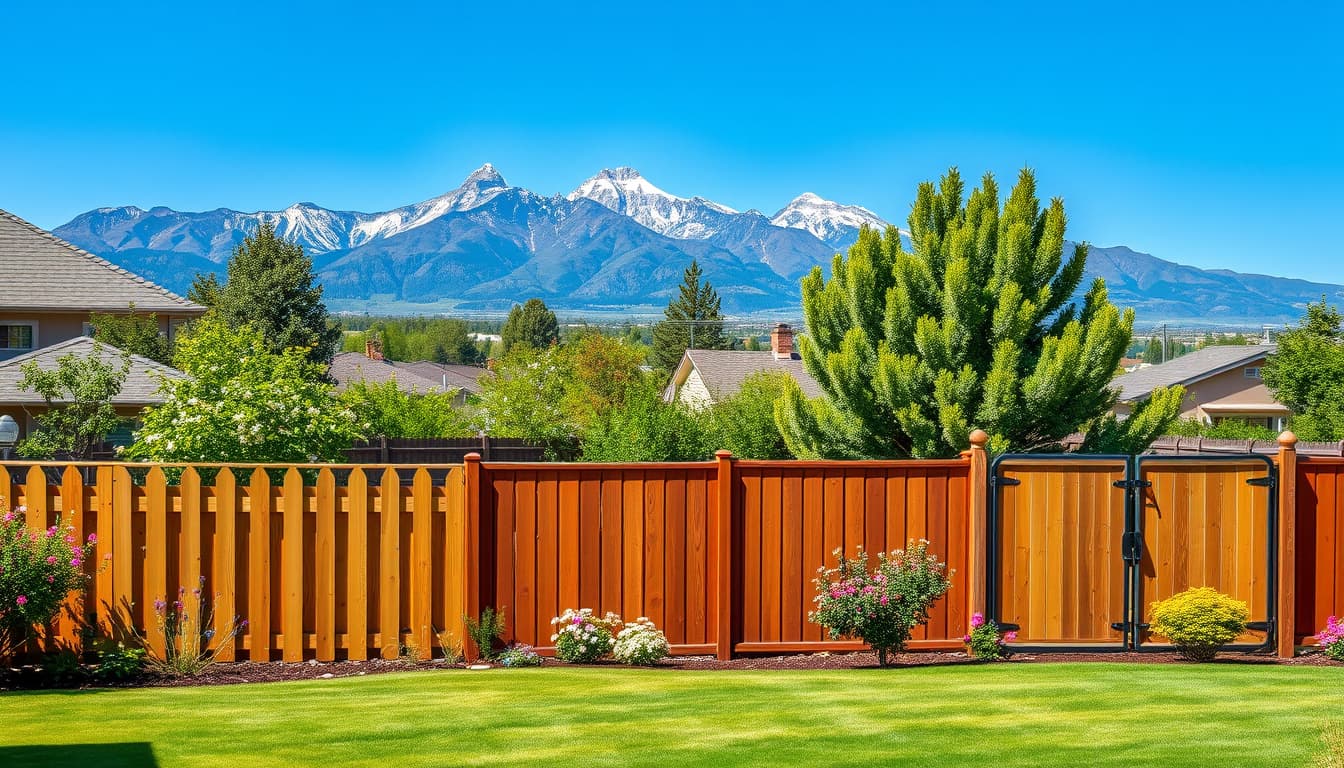 a scenic suburban backyard in denver featuring a variety of well-maintained fences, with a clear blue sky and the rocky mountains in the background. in the foreground, include various styles of fencing such as wooden picket, privacy, and metal fences, surrounded by vibrant greenery and flowers, evoking a sense of landscaped tranquility.