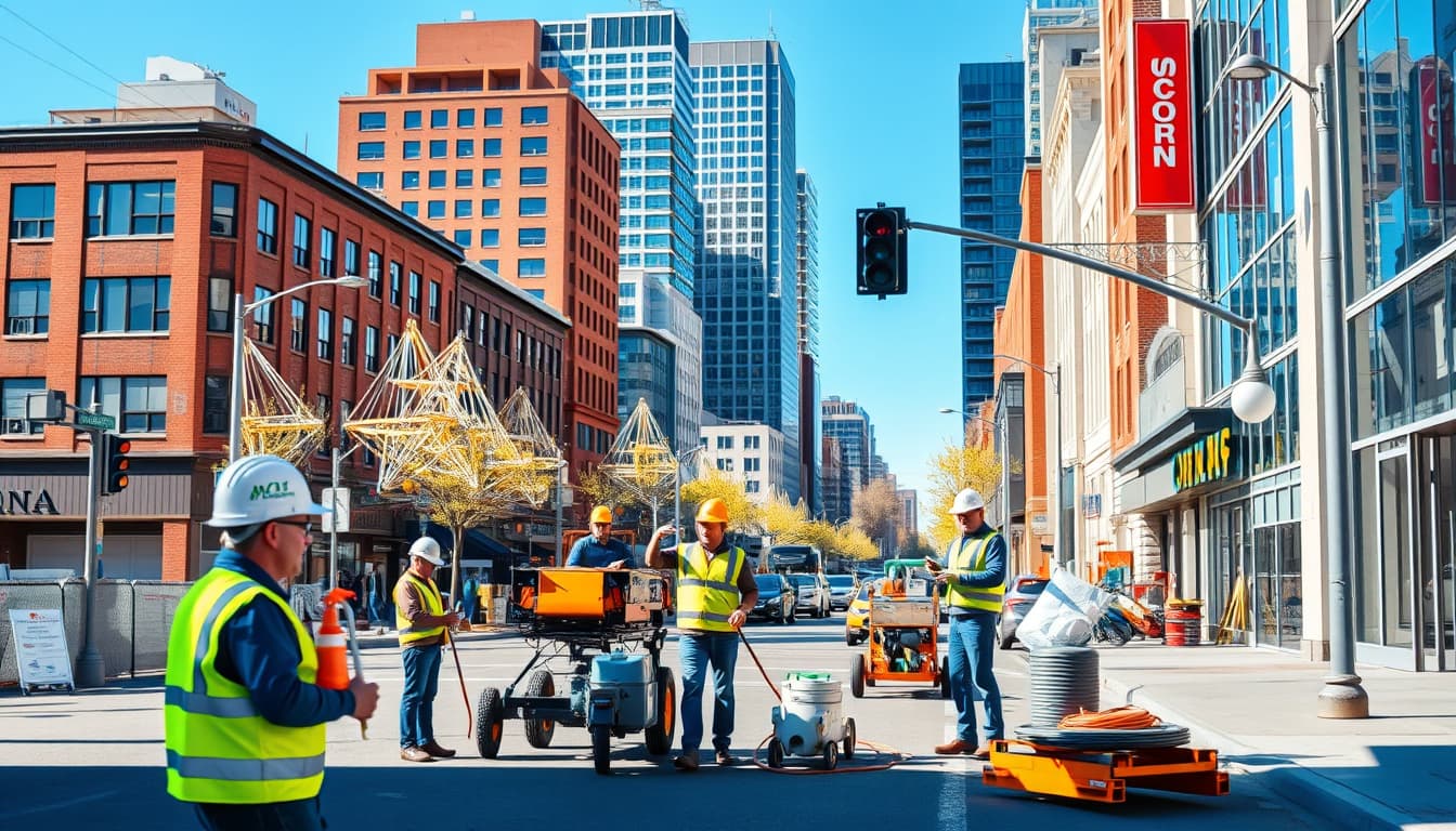 a bustling denver street scene featuring construction work and plumbing professionals at various stages of obtaining permits, showcasing workers with tools and equipment, city buildings in the background, and a clear blue sky.